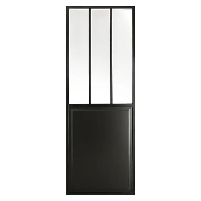 Kit atelier Glasschiebetür Loft Atelier - 930 x 2.040 mm, Einscheibensicherheitsglas (ESG) - Schwarze Tür mit Glaseinsätzen oben und einer rechteckigen Fläche unten. Stilvolles Design für moderne Innenräume.