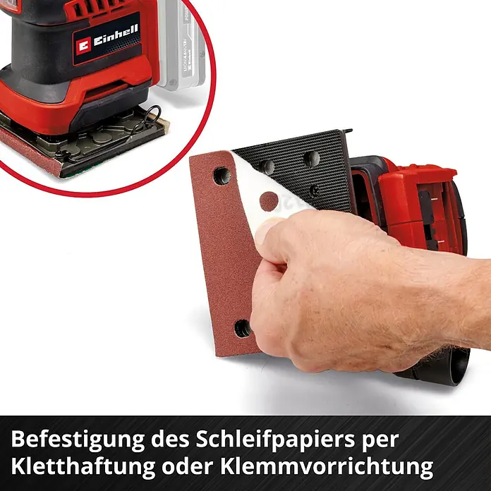 Einhell Power X-Change 18V Akku-Schwingschleifer TE-OS 18/113 3X LI - 18 V, Ohne Akku - Befestigung des Schleifpapiers per Kletthaftung oder Klemmvorrichtung.