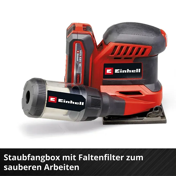 Einhell Power X-Change 18V Akku-Schwingschleifer TE-OS 18/113 3X LI - 18 V, Ohne Akku - Ein Einhell Akku-Multischleifer mit Staubfangbox und Faltenfilter für sauberes Arbeiten. Das Gerät ist rot/schwarz und kabellos.