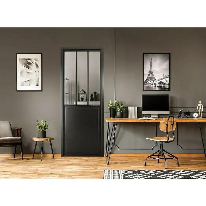 Kit atelier Drehtür Loft Atelier - 904 x 2.057 mm, Links, Einscheibensicherheitsglas (ESG) - Elegante, zweigeteilte Innentür mit schwarzem Rahmen und Glaseinsatz. Stilvolle Raumgestaltung mit moderner Türlösung.