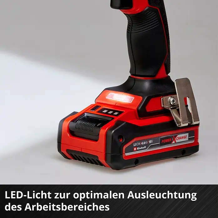 Einhell Professional Power X-Change 18V Akku-Schlagschrauber TP-CI 18/220 LI BL - 18 V, Ohne Akku, 220 Nm - Nahaufnahme eines Einhell Akku-Bohrschraubers mit LED-Licht für optimale Ausleuchtung des Arbeitsbereichs und 4.0Ah 18V Power X-Change Akku.