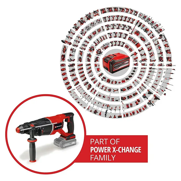 Einhell Professional Power X-Change 18V Akku-Kombihammer TP-HD 18/26 D Li BL-Solo - 18 V, Ohne Akku, 2,6 J - Abbildung eines Einhell Akku-Bohrhammers, Teil der Power X-Change Familie, mit einer Auswahl an Werkzeugen im Hintergrund.
