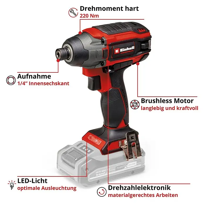 Einhell Professional Power X-Change 18V Akku-Schlagschrauber TP-CI 18/220 LI BL - 18 V, Ohne Akku, 220 Nm - Abbildung eines Einhell Akku-Schlagschraubers mit Beschriftungen zu Drehmoment, Aufnahme, Brushless Motor, LED-Licht und Drehzahlelektronik.