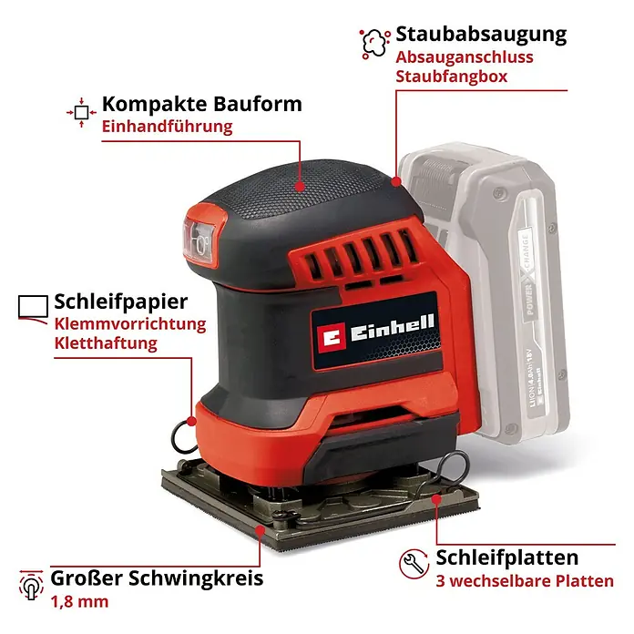Einhell Power X-Change 18V Akku-Schwingschleifer TE-OS 18/113 3X LI - 18 V, Ohne Akku - Ein roter und schwarzer Einhell Akku-Multischleifer mit Hinweisen zu Funktionen wie Staubabsaugung und Schleifplatten.