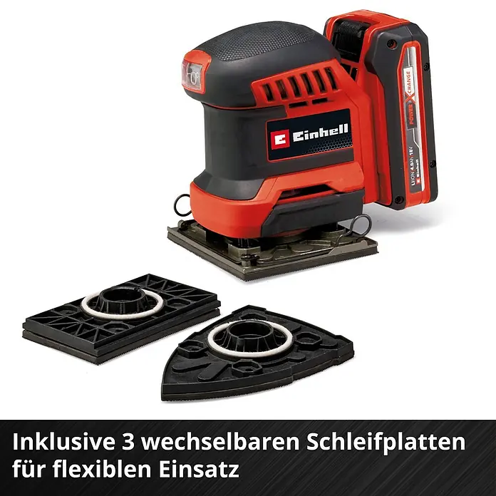 Einhell Power X-Change 18V Akku-Schwingschleifer TE-OS 18/113 3X LI - 18 V, Ohne Akku - Abbildung eines Einhell Akku-Multischleifers mit drei Schleifplatten für flexible Anwendungen.