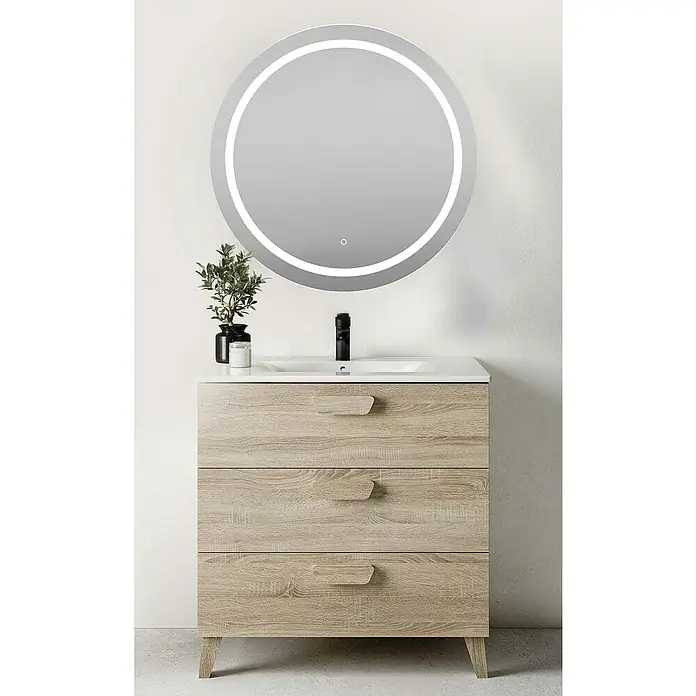 Conjunto de mueble de baño Sofía - Ancho total del mueble de baño: 80 cm, Roble bardolino - Imagen de un mueble de baño con tres cajones en acabado de madera clara y un espejo redondo con iluminación LED. Elegante conjunto de muebles de baño.