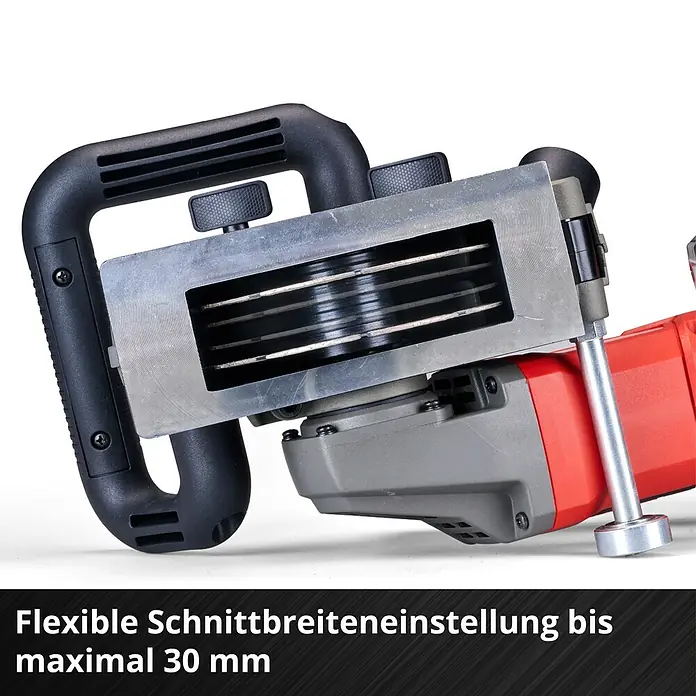 Einhell Professional Power X-Change 18V Akku-Mauernutfräse - 18 V, Ohne Akku, 0 Ah, Durchmesser Schleifscheibe: 125 mm - Bild einer Nutfräse mit flexibler Schnittbreiteneinstellung bis maximal 30 mm.