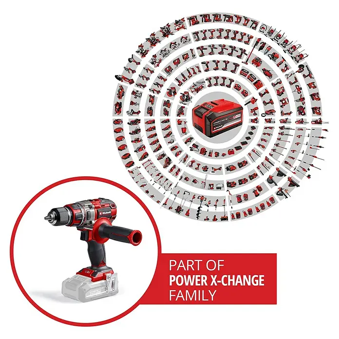 Einhell Professional Power X-Change 18V Akku-Bohrschrauber TP-CD 18/80 LI BL-Solo - 18 V, Ohne Akku, 80 Nm - Einhell Akku-Bohrschrauber, Teil der Power X-Change Familie, mit Akku und kreisförmiger Darstellung weiterer Geräte.