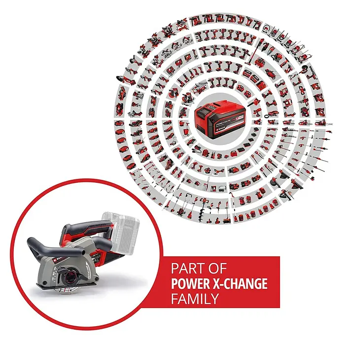 Einhell Professional Power X-Change 18V Akku-Mauernutfräse - 18 V, Ohne Akku, 0 Ah, Durchmesser Schleifscheibe: 125 mm - Einhell Mauernutfräse im Fokus, Teil der Power X-Change Familie, umgeben von weiteren Werkzeugen des Systems.