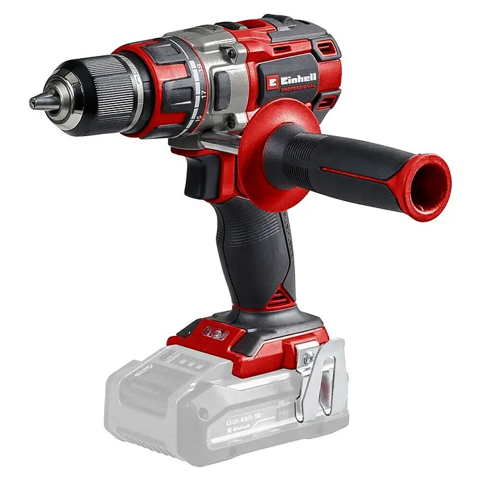 Einhell Professional Power X-Change 18V Akku-Bohrschrauber TP-CD 18/80 LI BL-Solo - 18 V, Ohne Akku, 80 Nm - Ein roter und schwarzer Einhell Akku-Bohrschrauber mit einem Zusatzgriff und einem Spannfutter.