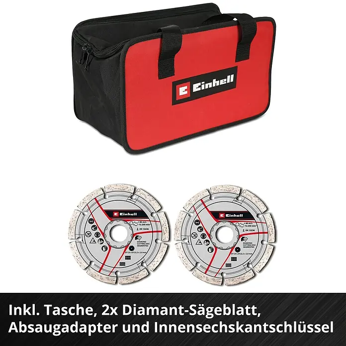 Einhell Professional Power X-Change 18V Akku-Mauernutfräse - 18 V, Ohne Akku, 0 Ah, Durchmesser Schleifscheibe: 125 mm - Ein Set mit einer roten Einhell Werkzeugtasche und zwei Diamant-Sägeblättern.