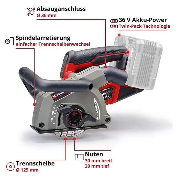 Einhell Professional Power X-Change 18V Akku-Mauernutfräse - 18 V, Ohne Akku, 0 Ah, Durchmesser Schleifscheibe: 125 mm - Abbildung einer Einhell Akku-Mauernutfräse mit Twin-Pack Technologie, Absauganschluss und Trennscheibe.