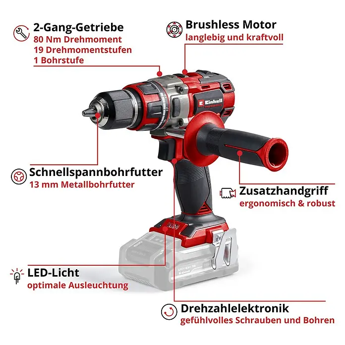 Einhell Professional Power X-Change 18V Akku-Bohrschrauber TP-CD 18/80 LI BL-Solo - 18 V, Ohne Akku, 80 Nm - Abbildung eines Einhell Akku-Bohrschraubers mit Zubehör und Produktinformationen.