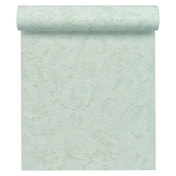 A.S. Création Vliestapete - Mintgrün, Uni, 10,05 x 0,53 m - Nahaufnahme einer Rolle Tapete mit hellgrünem Putzdesign für die Wandgestaltung im Innenbereich.