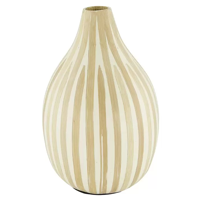 Vase Bamboo - Ø x H: 18 x 28 cm, Holz, Creme - Dekorative Vase mit beigefarbenen und cremefarbenen Streifen und natürlichem Holzmuster.