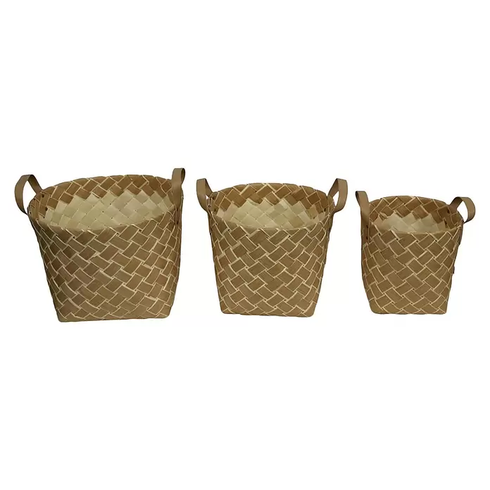 Korb Noah - 1 Stk., 38 x 38 x 31 cm, Natur - Set aus drei geflochtenen Körben aus hellbraunen Holzstreifen mit Ledergriffen in verschiedenen Größen.