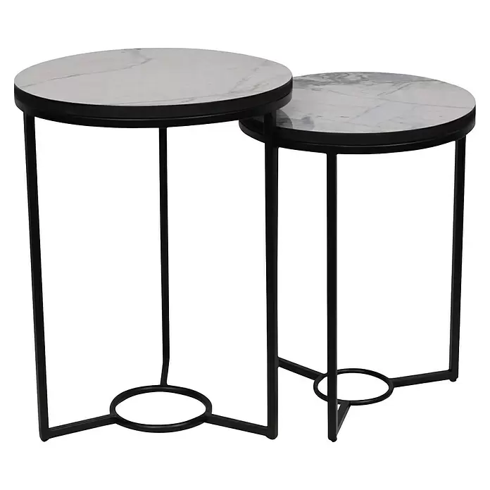 Beistelltisch Marble - 1 -tlg., Ø x H: 38 x 50 cm, Weiß/Schwarz - Zwei schwarze Metall-Satztische mit runden weißen Marmorplatten.