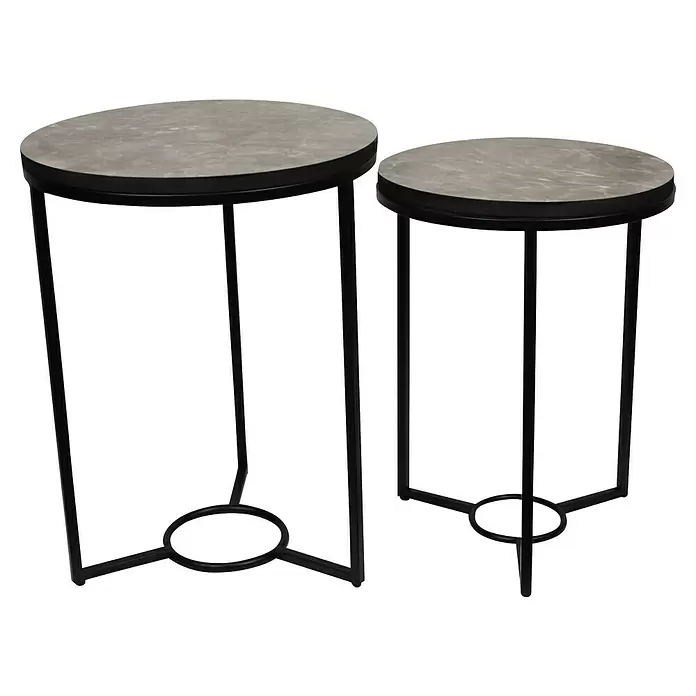 Beistelltisch Marble - 1 -tlg., Ø x H: 38 x 50 cm, Grau/Schwarz - Zwei runde Beistelltische mit grauen Platten und schwarzen Metallgestellen.