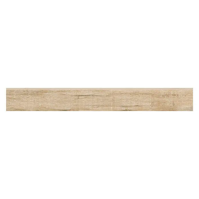 Zócalo cerámico Alen - 7,3 x 60 cm, Natural - Primer plano de un solo tablón de madera con un tono de color marrón claro y un patrón de grano de madera distintivo para pavimentos o revestimientos de paredes.