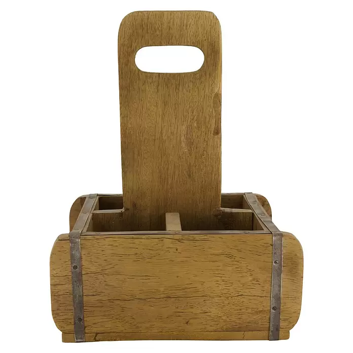 Deko-Tablett Box Brick - 22 x 18 x 30 cm, Natur, Holz - Hellbrauner Holzkasten mit zentralem Griff und ovaler Aussparung, verstärkt mit Metallbändern.