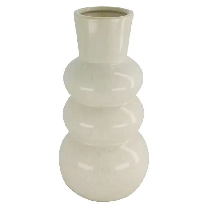 Vase - Ø x H: 16 x 30 cm, Keramik, Weiß - Hellbeige glasierte Keramikvase mit gestapeltem, bauchigem Design.