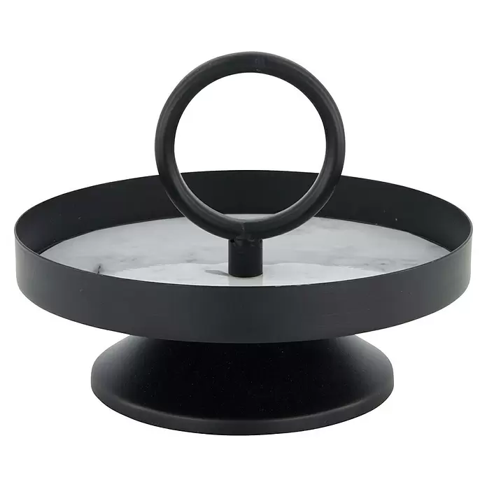 Deko-Tablett Marble mit Griff - Ø x H: 18 x 13 cm, Schwarz, Metall - Schwarzmetall-Servierständer mit weißer Marmorplatte und Ringgriff.