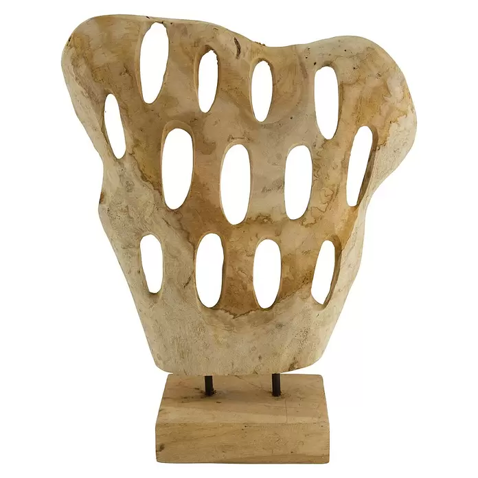 Dekofigur Pinhole - 28 x 10 x 38 cm, Natur, Holz - Abstrakte, perforierte Holzskulptur auf einem Naturholzsockel.