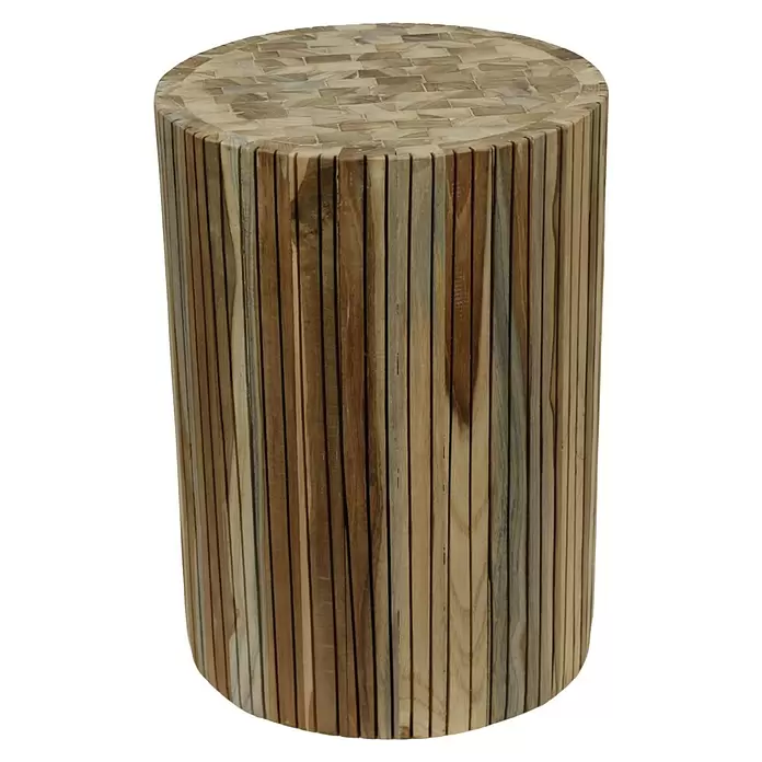 Hocker Bole - Ø x H: 30 x 42 cm, Natur, Holz - Zylindrischer Hocker oder Beistelltisch aus Holz, mit vertikalen Holzlamellen und einer Mosaikplatte.