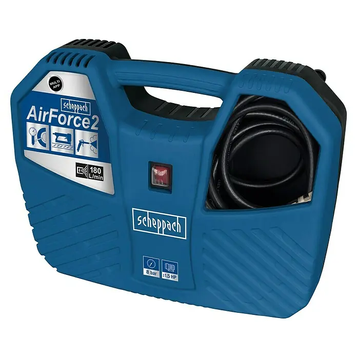 Scheppach Kompressor Air Force 2 - 1.100 W, Max. Druck: 8 bar - Das Bild zeigt einen blauen Scheppach AirForce2 Kompressor, ein praktisches Werkzeug für verschiedene Anwendungen mit 8 bar Druck und 1,5 PS.