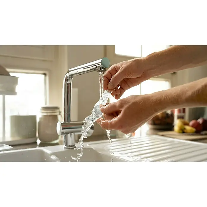 Tesa Doppelseitiges Klebeband Universal Tape with Nano Power - 3 m x 30 mm - Ein moderner Wasserhahn aus Edelstahl, an dem eine Person ein transparentes Objekt unter fließendem Wasser spült, um es zu reinigen.