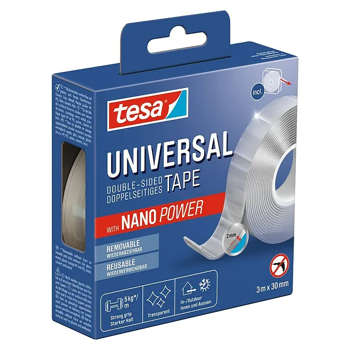 Tesa Doppelseitiges Klebeband Universal Tape with Nano Power - 3 m x 30 mm - Tesa Universal doppelseitiges Klebeband mit Nano-Technologie, wiederverwendbar und stark haftend für glatte Oberflächen.