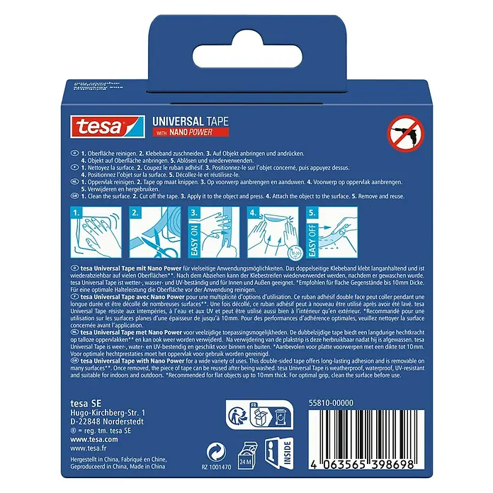 Tesa Doppelseitiges Klebeband Universal Tape with Nano Power - 3 m x 30 mm - Tesa Universal Tape mit Nano Power. Doppelseitiges Klebeband für vielseitige Anwendungen, wiederverwendbar und wetterbeständig.