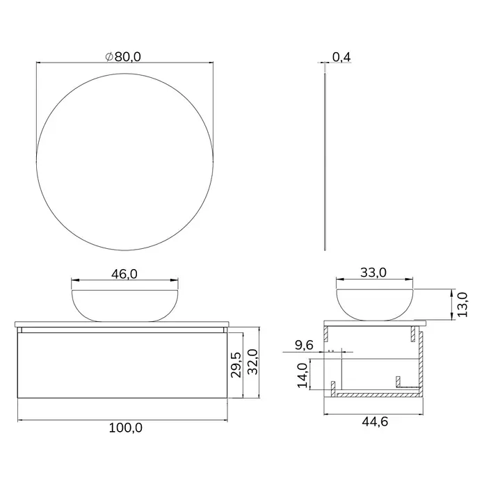 Artysan Conjunto de mueble de baño Osaka Top - Ancho: 100 cm, Negro/Nogal, 3 pzs. - Dibujo esquemático de un moderno mueble de baño con espejo redondo, dimensiones indicadas.\n