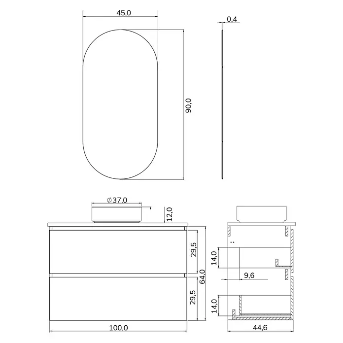 Artysan Conjunto de mueble de baño Osaka Top - Ancho: 100 cm, Blanco/Nogal, 3 pzs. - Dibujo técnico de un mueble de baño con lavabo y espejo, dimensiones en centímetros. El diseño es moderno y minimalista.