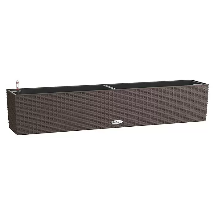 Lechuza Balconera Balkonkasten Cottage - Max. Außenlänge: 100 cm, Mokka - Brauner, rechteckiger Lechuza-Selbstbewässerungs-Pflanzkasten mit Rattanmuster und Wasserstandsanzeige.