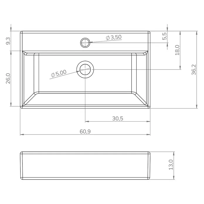 Artysan Lavabo de sobremesa Recto - 60,9 x 36,2 cm, Blanco - Dibujo esquemático de un lavabo que muestra las dimensiones y las posiciones de las aberturas.