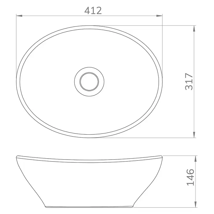 Artysan Lavabo de sobremesa Danae - 41,2 x 31,7 cm, Blanco - Imagen de un lavabo que muestra las dimensiones 412 x 317 x 146 mm. El lavabo tiene forma ovalada y tiene un desagüe circular en el medio.