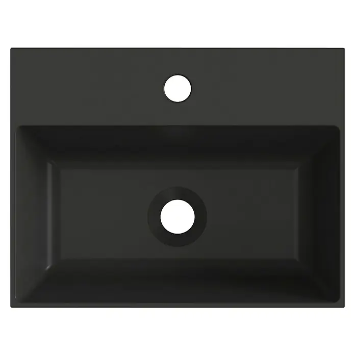 Artysan Lavabo de sobremesa Cuadrado - 46 x 36 cm, Negro - Vista superior de un elegante lavabo rectangular negro mate con orificio para grifo y desagüe. Diseño elegante para baños modernos.