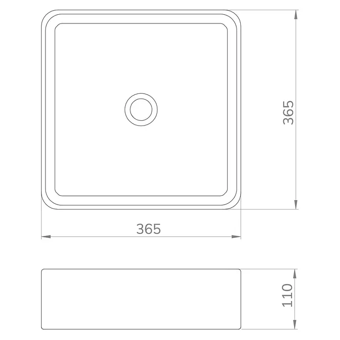 Artysan Lavabo de sobremesa Cuadrado - 36,5 x 36,5 cm, Blanco - Imagen de un dibujo técnico de un lavabo cuadrado con dimensiones de 365 x 365 x 110 mm.