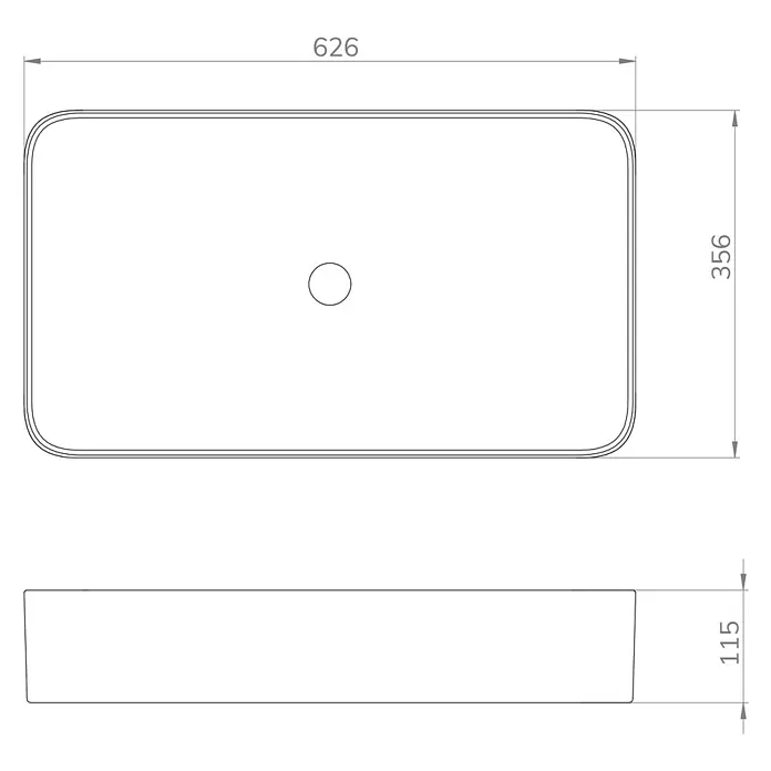 Artysan Lavabo de sobremesa Rectangular - 62,6 x 35,6 cm, Blanco - La imagen presenta vistas superior y lateral de un lavabo rectangular con esquinas redondeadas, de tamaño 626 x 356 x 115 mm.