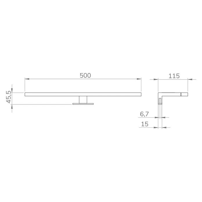 Artysan Aplique LED para espejo - 4,71 W, 11,5 x 50 x 6,7 cm, Cromo - Dibujo técnico de un toallero con dimensiones. La barra mide 500 mm de ancho y 45,5 mm de alto; la proyección del soporte es de 115 mm.