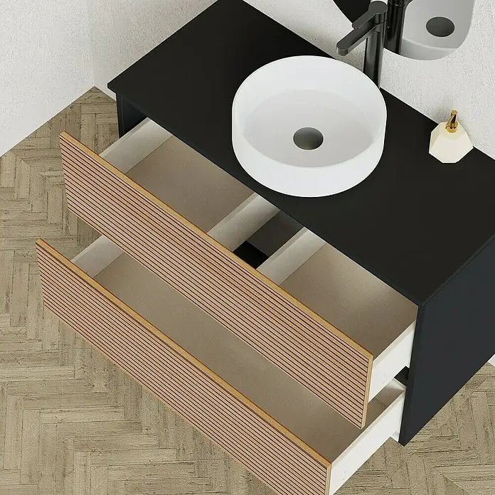 Artysan Conjunto de mueble de baño Osaka Top - Ancho: 100 cm, Negro/Nogal, 3 pzs. - Mueble de baño negro con cajones con aspecto de madera y un lavabo sobre encimera redondo y blanco. Estilo moderno para el baño.