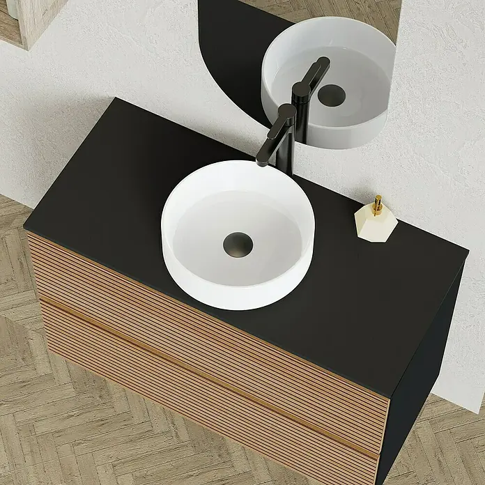 Artysan Conjunto de mueble de baño Osaka Top - Ancho: 100 cm, Negro/Nogal, 3 pzs. - Lavabo de baño moderno con mueble de madera y diseño elegante. El grifo estiloso y las líneas limpias añaden un toque refinado al espacio.