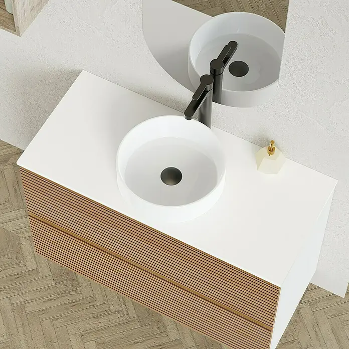 Artysan Conjunto de mueble de baño Osaka Top - Ancho: 100 cm, Blanco/Nogal, 3 pzs. - Mueble de baño moderno con doble lavabo y un elegante armario con aspecto de madera, combinando diseño y funcionalidad en una pieza.