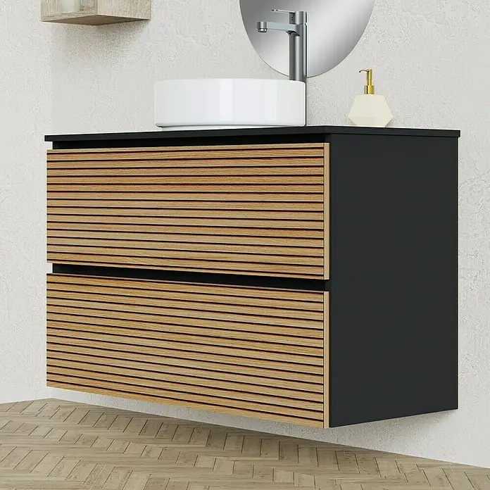 Artysan Conjunto de mueble de baño Osaka Top - Ancho: 100 cm, Negro/Nogal, 3 pzs. - Un moderno mueble de baño negro montado en la pared con cajones de madera, que combina un diseño elegante con un almacenamiento funcional.