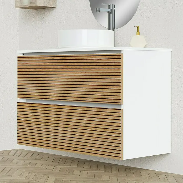 Artysan Conjunto de mueble de baño Osaka Top - Ancho: 100 cm, Blanco/Nogal, 3 pzs. - Un mueble de baño moderno con cajones horizontales de listones de madera y un lavabo sobre encimera blanco, ideal para un baño elegante.