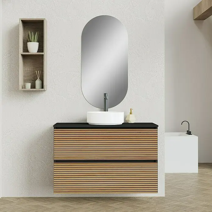 Artysan Conjunto de mueble de baño Osaka Top - Ancho: 100 cm, Negro/Nogal, 3 pzs. - Elegante lavabo de baño con un mueble de tocador elegante, espejo moderno y estanterías para un ambiente ordenado.