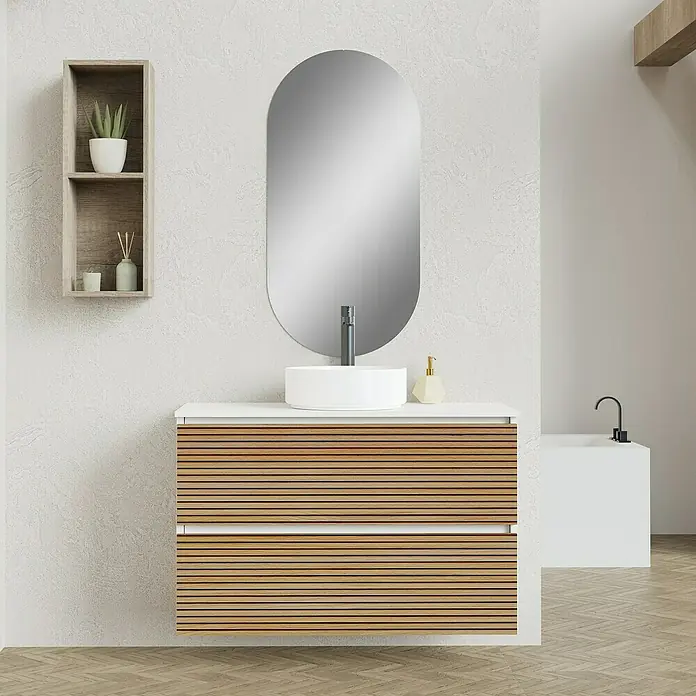 Artysan Conjunto de mueble de baño Osaka Top - Ancho: 100 cm, Blanco/Nogal, 3 pzs. - Un baño moderno con un mueble de lavabo de láminas de madera, un espejo ovalado y un lavabo redondo.