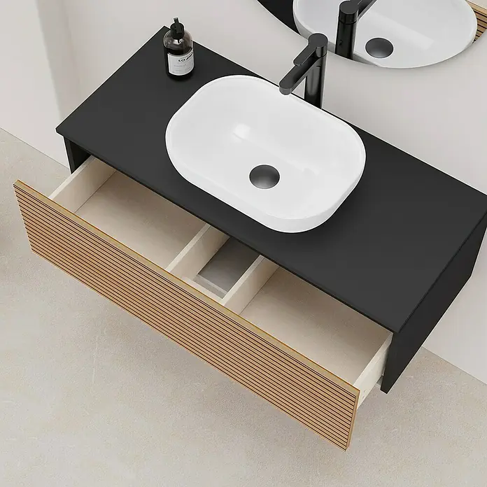 Artysan Conjunto de mueble de baño Osaka Top - Ancho: 100 cm, Negro/Nogal, 3 pzs. - Mueble de baño moderno con encimera negra, lavabo sobre encimera y cajón con textura de madera, ideal para un diseño de baño elegante.