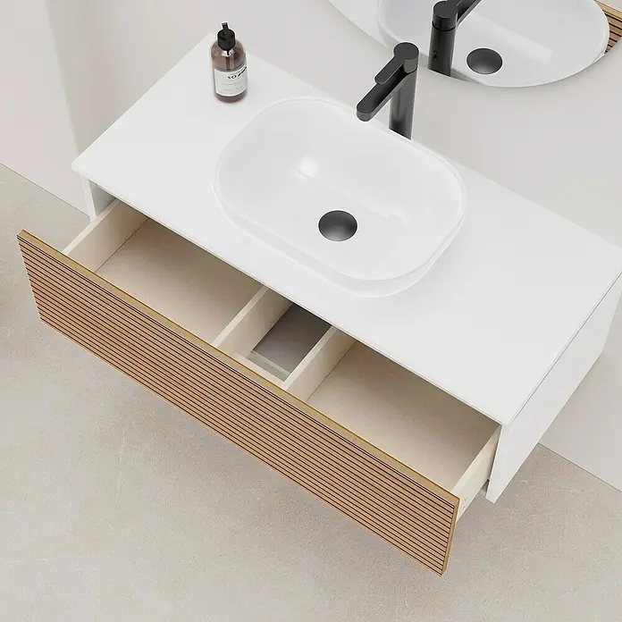Artysan Conjunto de mueble de baño Osaka Top - Ancho: 100 cm, Blanco/Nogal, 3 pzs. - Un tocador moderno con un cajón abierto y un elegante lavabo sobre encimera. Un toque de elegancia para cualquier baño.